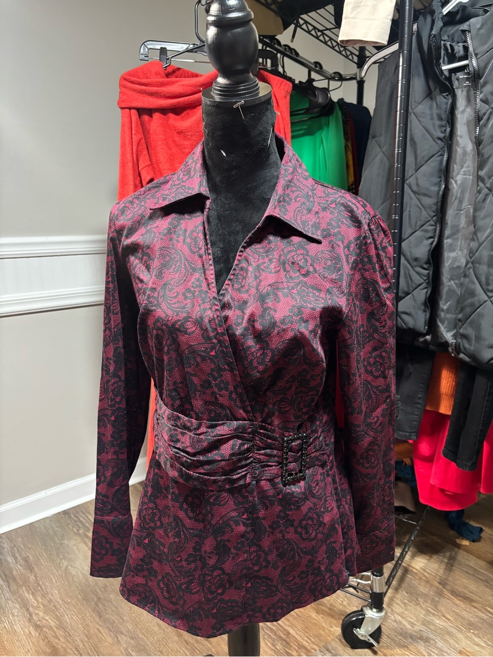 Apt. 9 Burgundy Paisley Wrap-Style Long Sleeve Blouse Dress